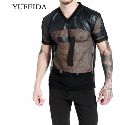 YUFEIDA Sexy Mens Undershirts Short Sleeve T-Shirts Tank Tops Faux Leather Mesh See Through Casual Shirts Tees Stage Clubwear