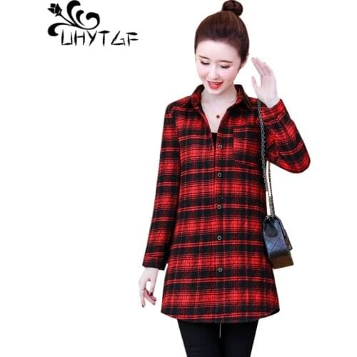 UHYTGF Autumn winter t-shirt womens fashion plaid plus velvet thick casual top female mid-length loose 5XL Plus size tshirt 782