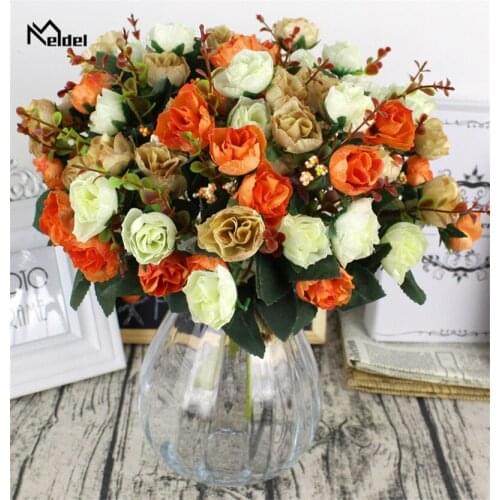 Meldel 21 Heads Artificial Flowers Shining Roses Small DIY Silk Flowers Red Roses Bride Bouquet Home Wedding Fake Flowers Decor