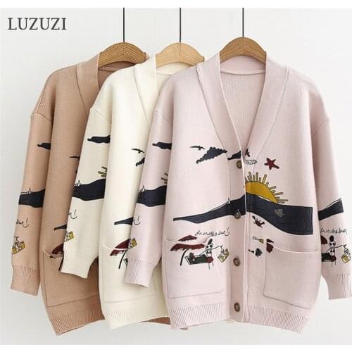LUZUZI Womens Sweaters Cardigan Autumn Winter New Loose Cute Print Long Sleeve Knitted Cardigan for Women 2020 Jacket Oversize
