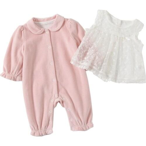 0-18M Infant Kids Baby Girls Rompers+Lace Embroidery Vest 2pcs/Set Long Sleeve Jumpsuits Newborn Clothes 0-2Y