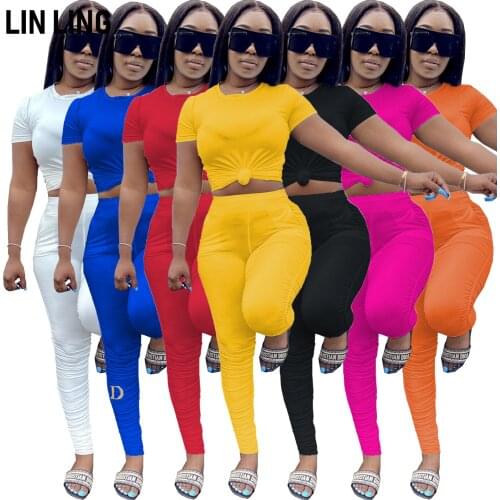 LINLING 2 Piece Outfits for Women - Short Sleeve Crop Tshirt Tops Ruffle Bodycon Pants Set Tracksuit with Pockets