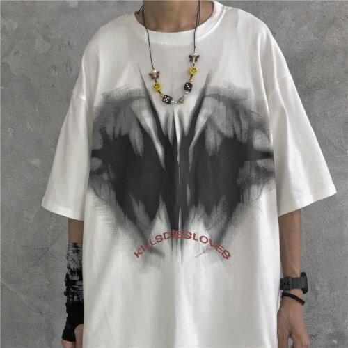 Summer Dark High Street Style Abstract Pattern Printing Loose Half-sleeved Oversized T-shirts Hip-hop Y2k Tops Anime+Necklace