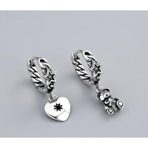 Cute Silver Color Bear Love Heart Long Tassel Asymmetric Hoop Earrings Star Jewelry For Minimalis Gift S-E1075