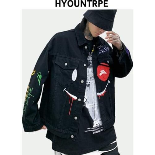 Fashion Graffiti Denim Jacket and Coat Mens Hip Hop Long Sleeve Outerwear New Casual Harajuku Clothing Streetwear Jeans Jackets