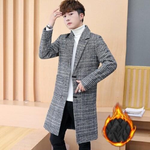 British Winter Medium Lenght Mens Plaid Woolen Trench Coats Long Sleeve Slim Fit Single Breasted Lapel Male Overcoats Plus Size