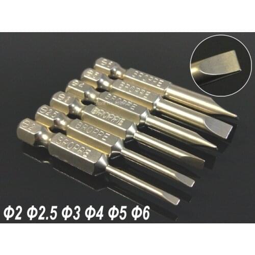 6Pcs Set 50MM 2-6mm Magnetic Flat Head Slotted Tip Screwdrivers Bits 1/4" Hex Shank Power Hand Tools Drill Bits S2 Alloy Steel