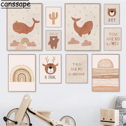 Boho Wall Poster Whale Bear Paintings Rainbow Posters Cactus Print Nordic Canvas Painting Nursery Wall Pictures Kids Room Decor