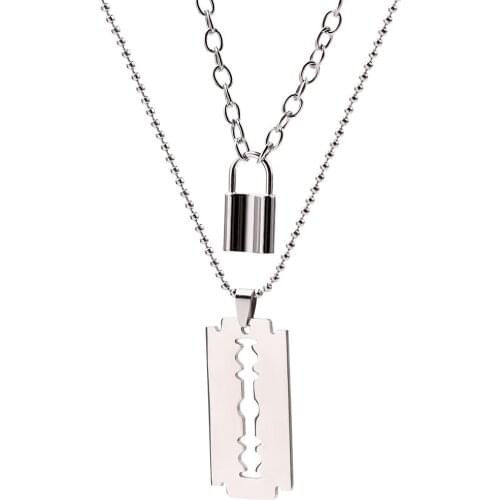 Gothic Necklace Lock Blade Pendant Necklaces Punk Multi-layer Padlock Chain Rock Lock Blade Clavicular Choker Gifts Jewelry Men