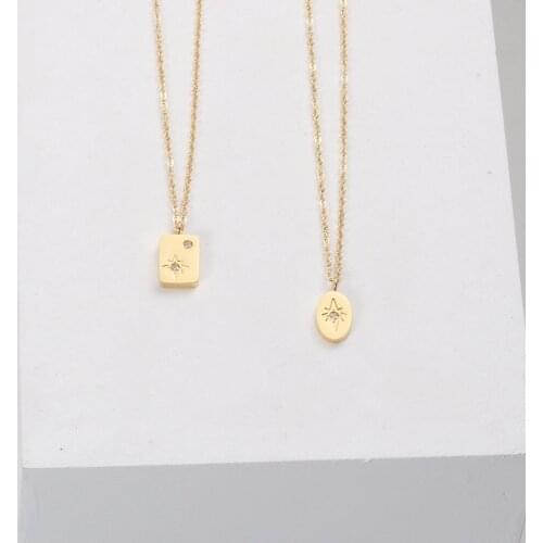 Hot Zirconia Pave Star Rectangle Oval Pendant Stainless Steel Starburst Necklace For Women Girl Tarnish Free Jewelry