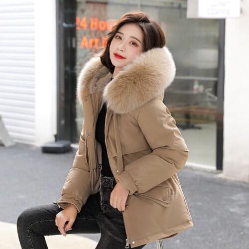 Autumn Winter Women Warm Hooded Parkas Windproof Thick Furry Collar Zipper Cotton Coats Solid Colors Plush Comfort Down Jacket