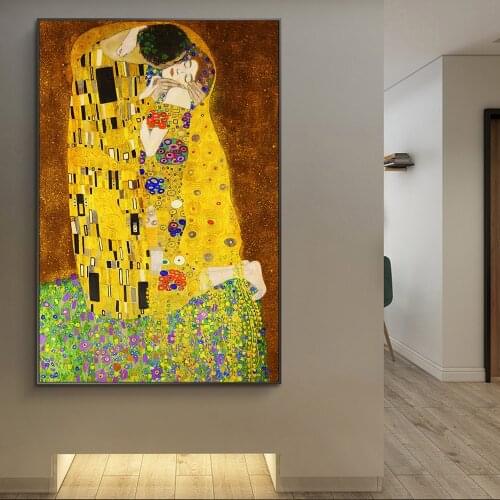 Gustav Klimt Kiss Famous Canvas Paintings Reproductions On The Wall Classical Portrait Wall Poster For Living Room Cuadros Decor