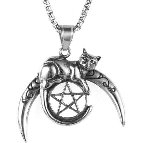 Vintage Moon Cat Star Pendant Necklace for Men Him Jewelry Gift Stainless Steel Chain Link with 24Inch