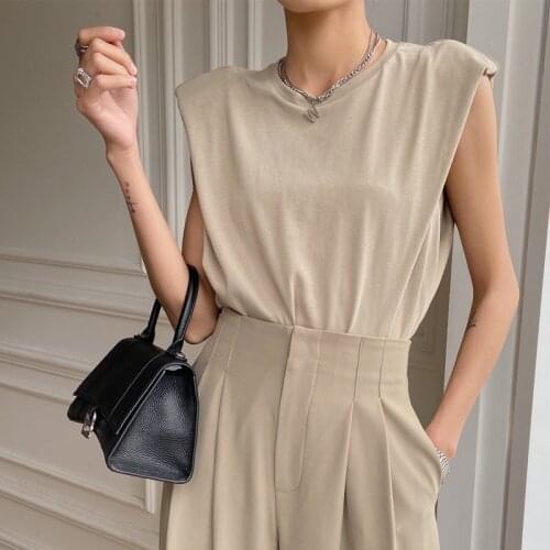 Summer womens casual solid color round neck sleeveless loose T-shirt