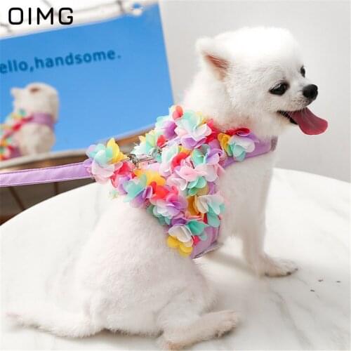 OIMG Small Dogs Harness and Leash Set Pink Petal Decoration Puppy Cat Harness Vest Walking Outdoor Dog Lead Leash Set For Spitz