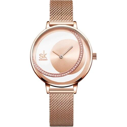 Unique Elegant Ladies Watches Rose Gold Rhinestone Fashion Minimalism Women Quartz Wristwatch SHENGKE Brand Mesh Strap Clock