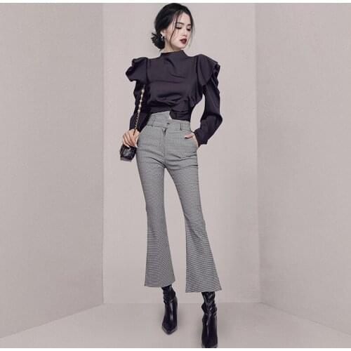 Fall 2021 Korean Style Womens Outfits Ruffled Long Sleeve Blouse Top + Houndstooth Slim Split Flared Pants Fashion 2 Piece Set