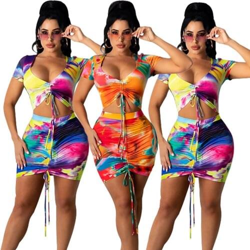 Summer Tie Dye Print Skirts Womens 2021 Suits Sexy Drawstring Lace Up Crop Top + Ruched Mini Skirts Slim Two Piece Set Holidays