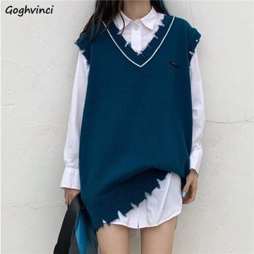 Sweater Vest Women Retro Streetwear Ripped Loose Korean Style Ulzzang V-neck Knitted Leisure Teens Solid All-match Sleeveless