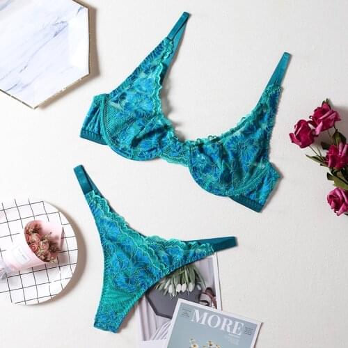 Floral Embroidery Underwear Womens Sexy Lingerie Deep-V Push up Underwire Bra Transparent Erotic Brief Sets Blue Bras