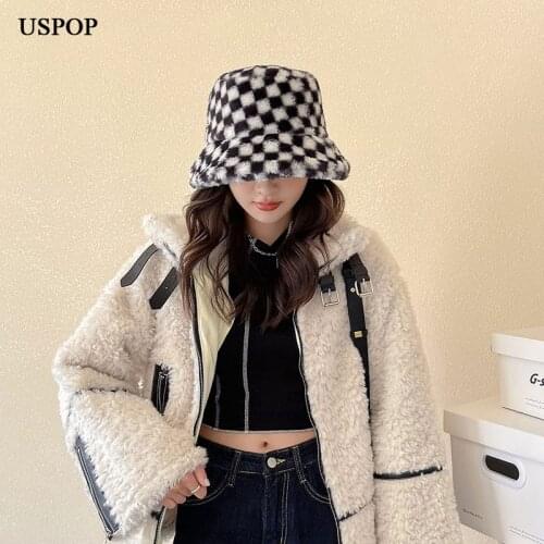 USPOP Winter hats women thick bucket hats Plaid bucket hat warm panama hats caps