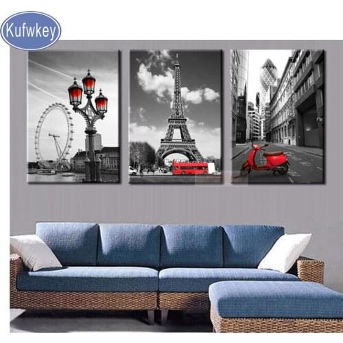 3 pcs diamond mosaic tower bus rhinestone embroidery diamond Painting Cross Stitch full drill square/round drill City Street