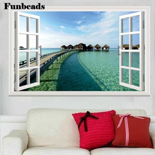 Window Scenery 5D DIY Diamond Painting Seascape Bridge White Pigeon Full Square Round Rhinestone Embroidery Cross Stitch FF3746