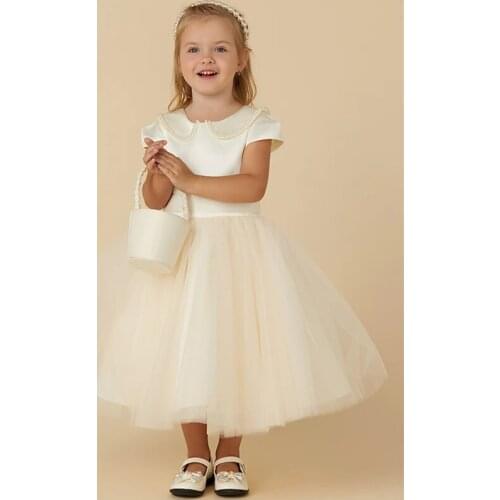 Ball Gown Tea Length Flower Girl Dresses Pageant Satin Short Sleeve Jewel Neck with Pearls