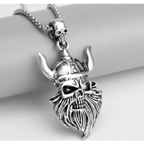 Hip Hop Punk Rock Jewelry Bearded Viking-Skull Mustache Head Pendant Link Chain Necklace