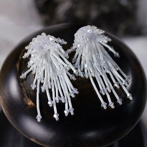 European Flower Brides Ear Clip Evening Woman Pearls Wedding Earrings Prom Hair Jewelry
