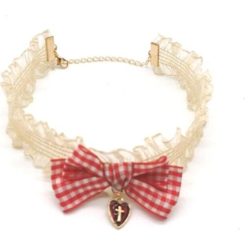 Sweet Girl Cross Pendant Necklace Lolita Plaid Bowknot Choker Girl Women Necklace Jewelry D771