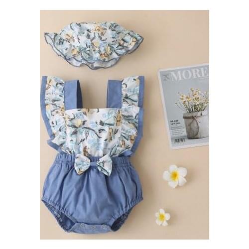 2Pcs Summer Infant Baby Girls Rompers Outfits Ruffle Sleeves Cartoon Print Bowknot Jumpsuits with Hat Set Blue Cotton Clothes