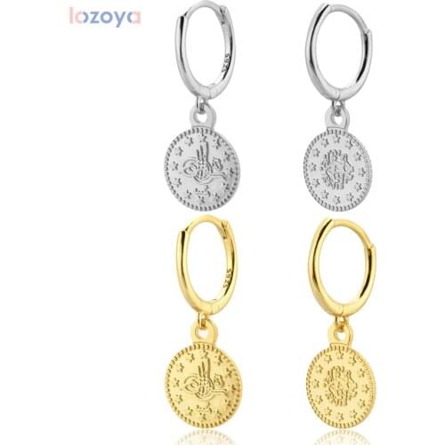 LOZOYA 925 Sterling Silver Round Fine Jewelry Coins Pendiente Drop Earring 2021 Rock Punk Slim Dangle Charm For Women