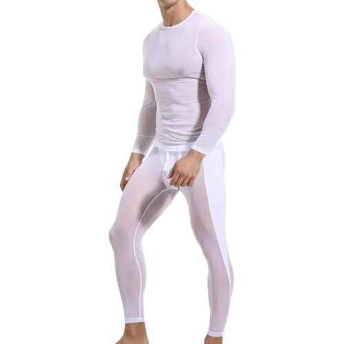 Men Undershirts 2 Piece Sexy Mesh See Through Long Sleeve T-shirts Pants Leggings Underwear Sets Sleepwear Fitness Gym Sportwear