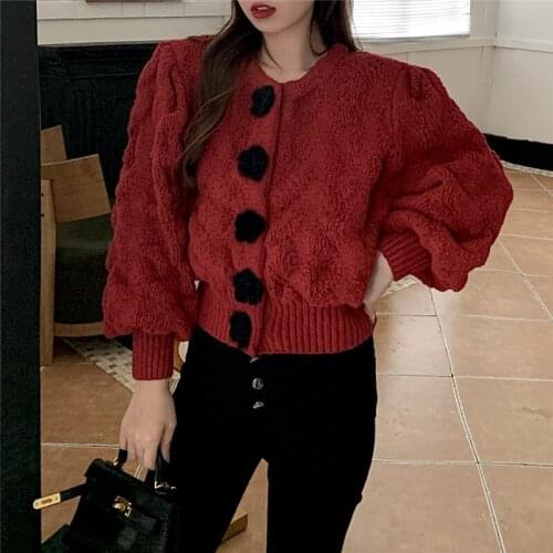 Korean Style Retro Cute Sweet Knitwear Lantern Sleeve Three-dimensional Rose Sweater New Solid Color Christmas-red Outerwear Top