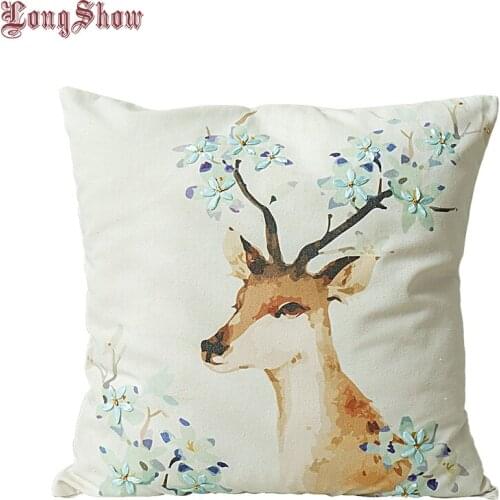 Cute Creative Pastoral Style Sika Deer Sunflowers Hydrangea Ribbons Embroidered Cotton Linen Pillow Case