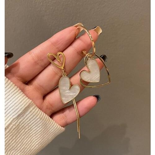 2021 New Sweet Asymmetry Shiny Rhinestone Love Heart Drop Earrings for Women Long Crystal Tassel Dangle Jewelry Earrings