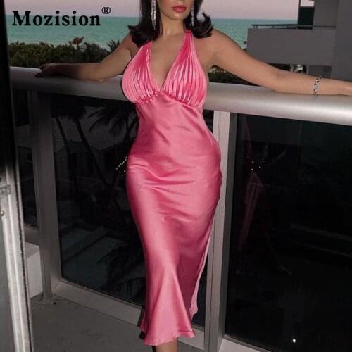 Mozision Sexy Backless V-neck Halter Women Dress Pink Sleeveless Lace Up Ruched Dresses Ladies Summer Fashion Partywear Vestidos