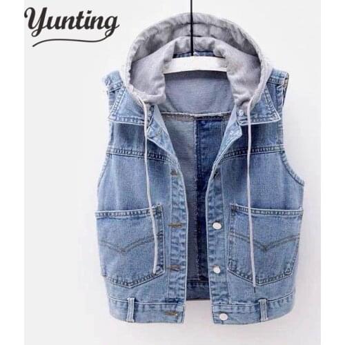 Plus Size Short Denim Vest Women Detachable Hooded Coat Spring Summer Sleeveless Jeans Jacket Female Tops-5XL