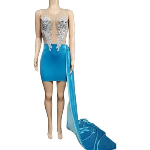 Blue Perspective Mesh Bodycon Dress Women Sparkly Diamonds Celebrate See Through Dress Long Train Dress Dancer Costume