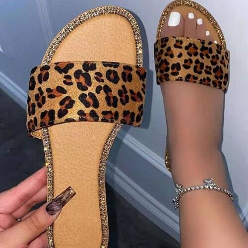 2021 Women Leopard Slippers Ladies Glitter Crystal Casual Flat Female Open Toe Slides Womens Snake Summer Shoes Plus Size