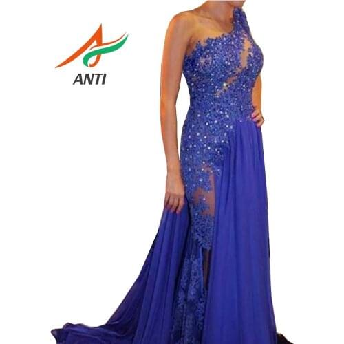 ANTI Long Mermaid Evening Dress Sleeveless One Shoulder Beading Crystal Applique Robe De Soiree 2019 Turkish Formal Gowns Custom