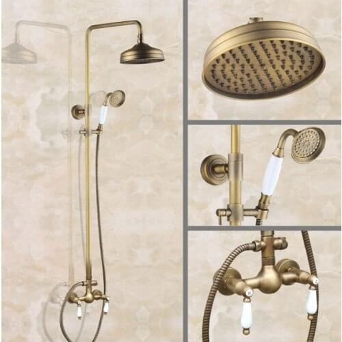 Vintage Antique Brass Wall Mount 8 Inch Rain Bathroom Rainfall Shower Faucet Set Double Handle Hand Spray Head Mixer Tap 2an117