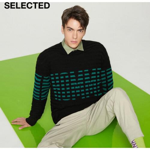 SELECTED Mens Drop-shoulder Sleeve Knit Wool-blended Contrast O-Neck Sweater S|420425011