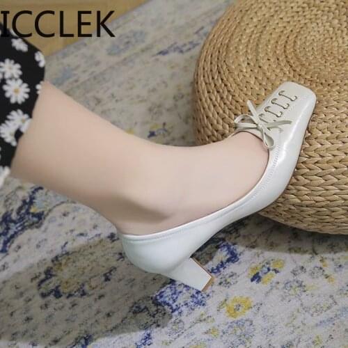 Spring 2021 New Fashion Good Quarlity Women Shoes Square Toe Bowtie Chunky Heel High Women Pumps