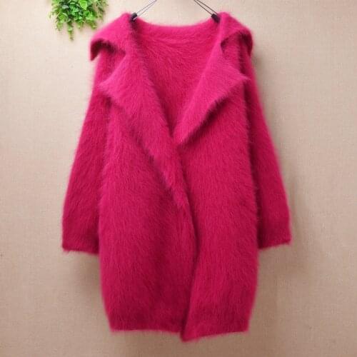 Ladies women fashion thick warm rose solid color suit collar mink cashmere knitted long sleeves cardigans mantle angora fur coat