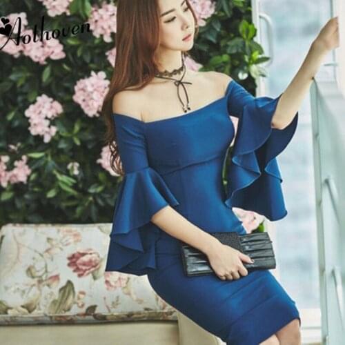 2019 Spring Pencil Dress Women Slash Neck Flare Sleeve Office Bandage Dress Sexy Party Vintage Bodycon Vestidos Elegant Dresses