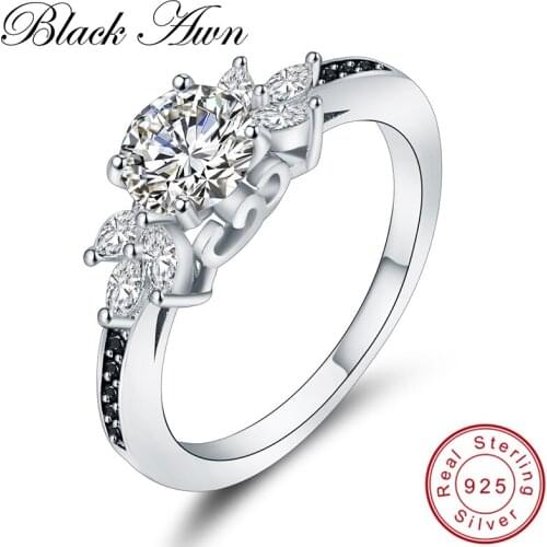 [BLACK AWN]2.8g Genuine 925 Sterling Silver Black Spinel Stone Flower Wedding Rings for Women Fine Jewelry C310