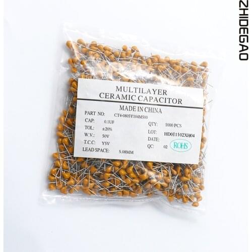 1000pcs/lot Multilayer ceramic capacitor 0.1uF 104 50V 100nF 104M P=5.08mm New