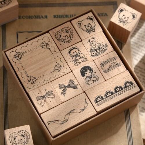 11 pcs/set Cute bow bear decoration stamp wooden rubber stamps for scrapbooking stationery DIY craft standard frame seal